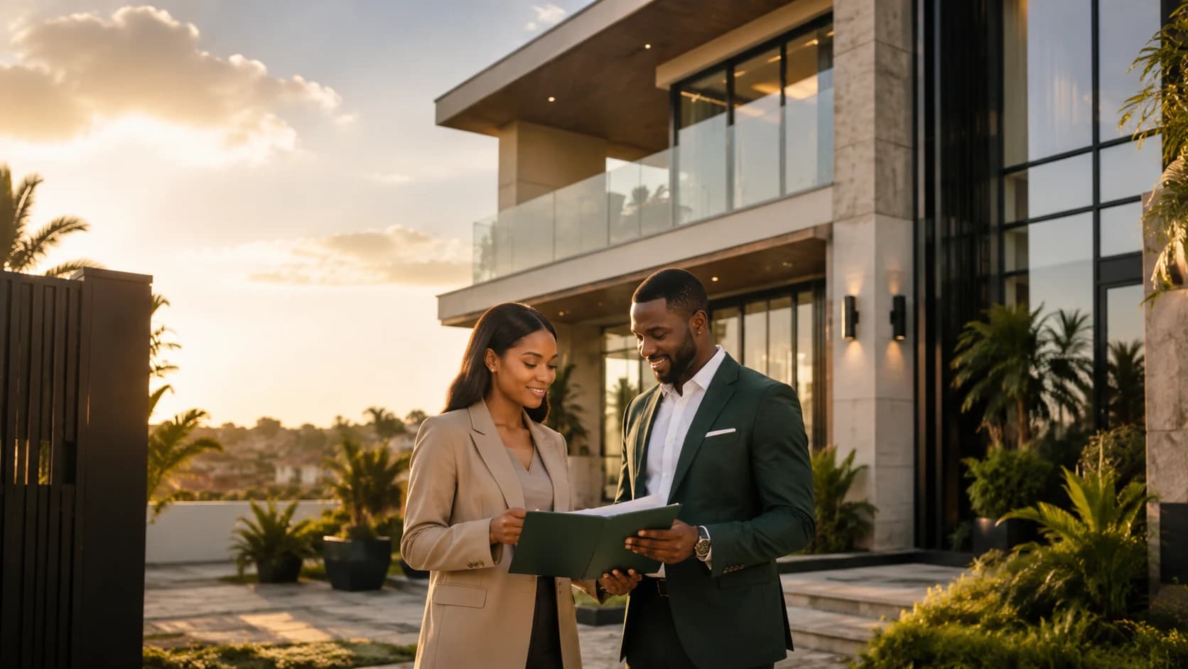 Havena property advisor reviewing documents with a buyer outside a verified home